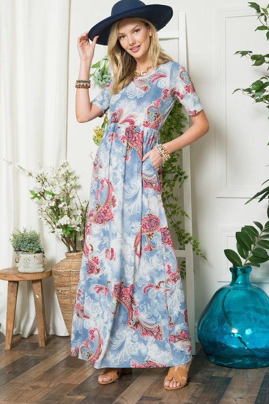 Celeste Full Size Paisley Print Short Sleeve Maxi Dress with Pockets Plus Size - felvior