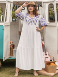 Plus Size Printed Tie Neck Half Sleeve Maxi Dress - felvior