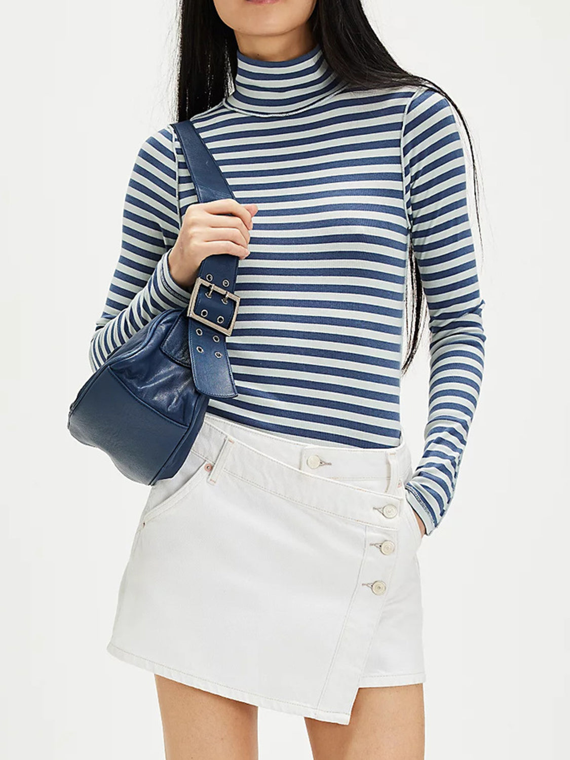 Exposed Seam Striped Turtleneck Long Sleeve T-Shirt - felvior
