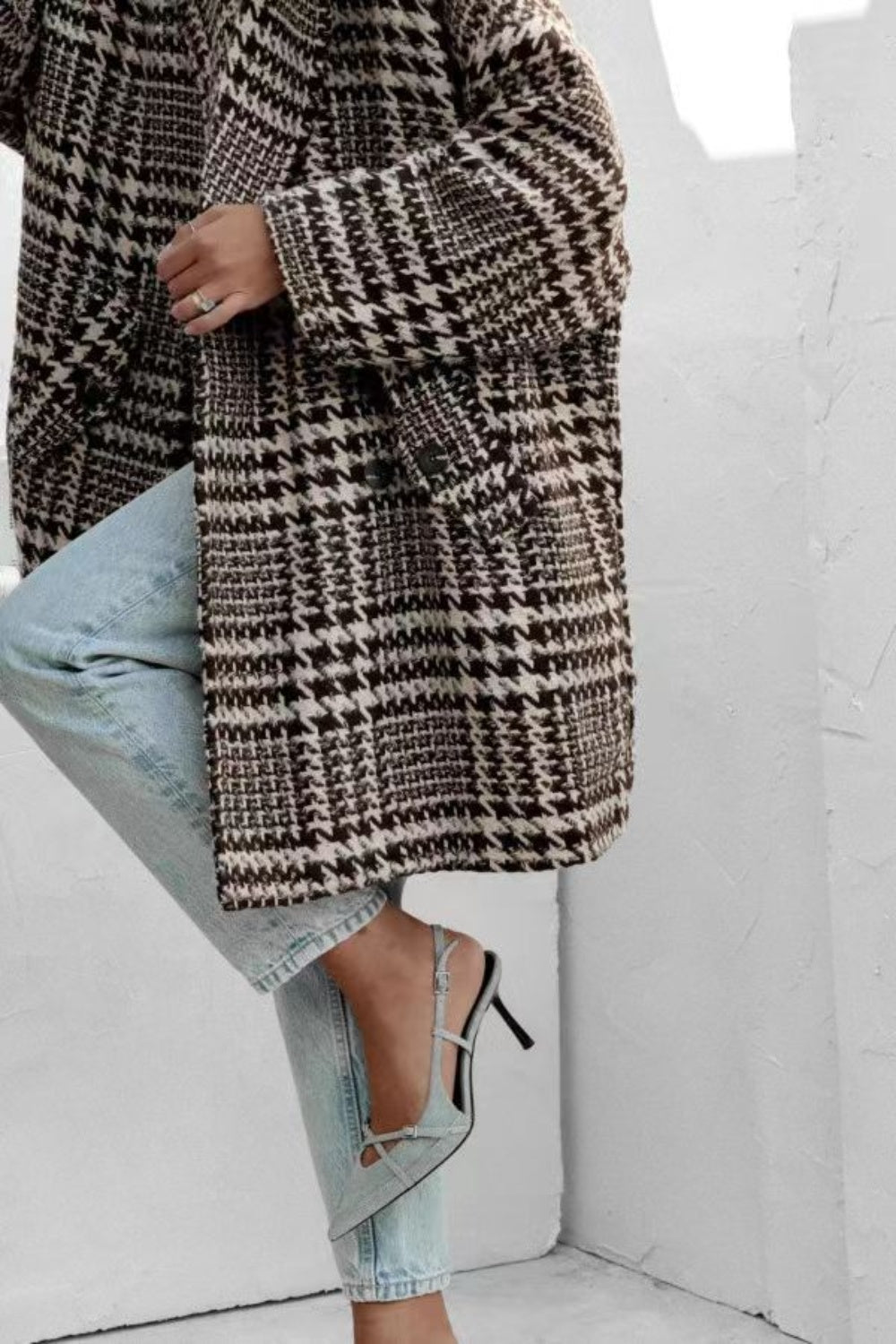 Houndstooth Collared Neck Long Sleeve Coat with Pockets - felvior