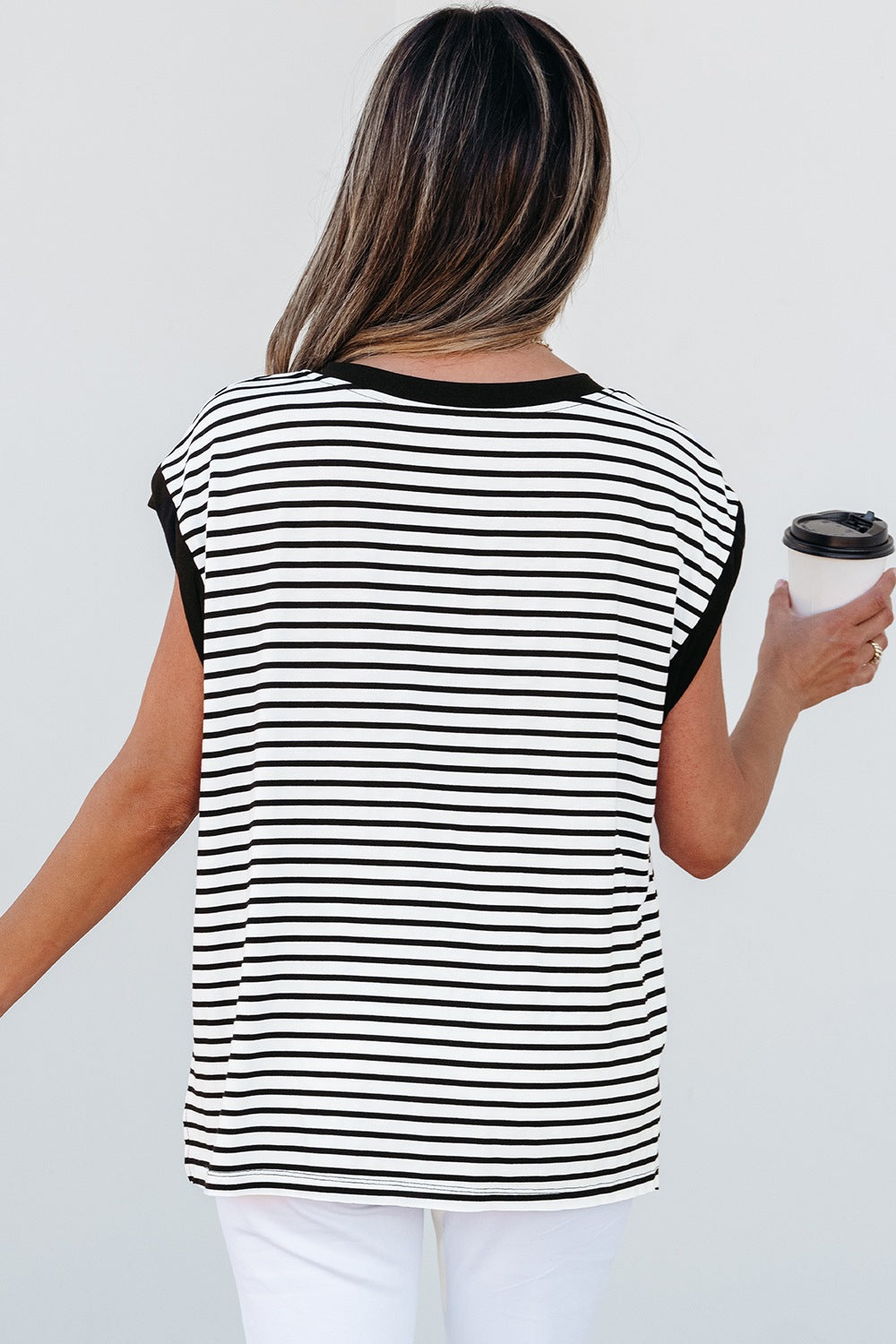 Striped Round Neck Cap Sleeve Top - felvior