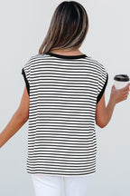 Striped Round Neck Cap Sleeve Top