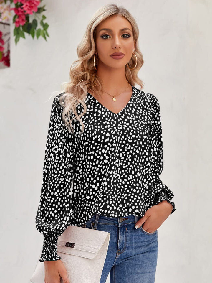 Printed V-Neck Lantern Sleeve Blouse - felvior