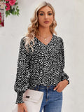 Printed V-Neck Lantern Sleeve Blouse - felvior
