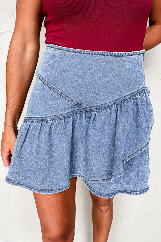 Asymmetric Ruffle Overlay Denim Mini Skirt - felvior