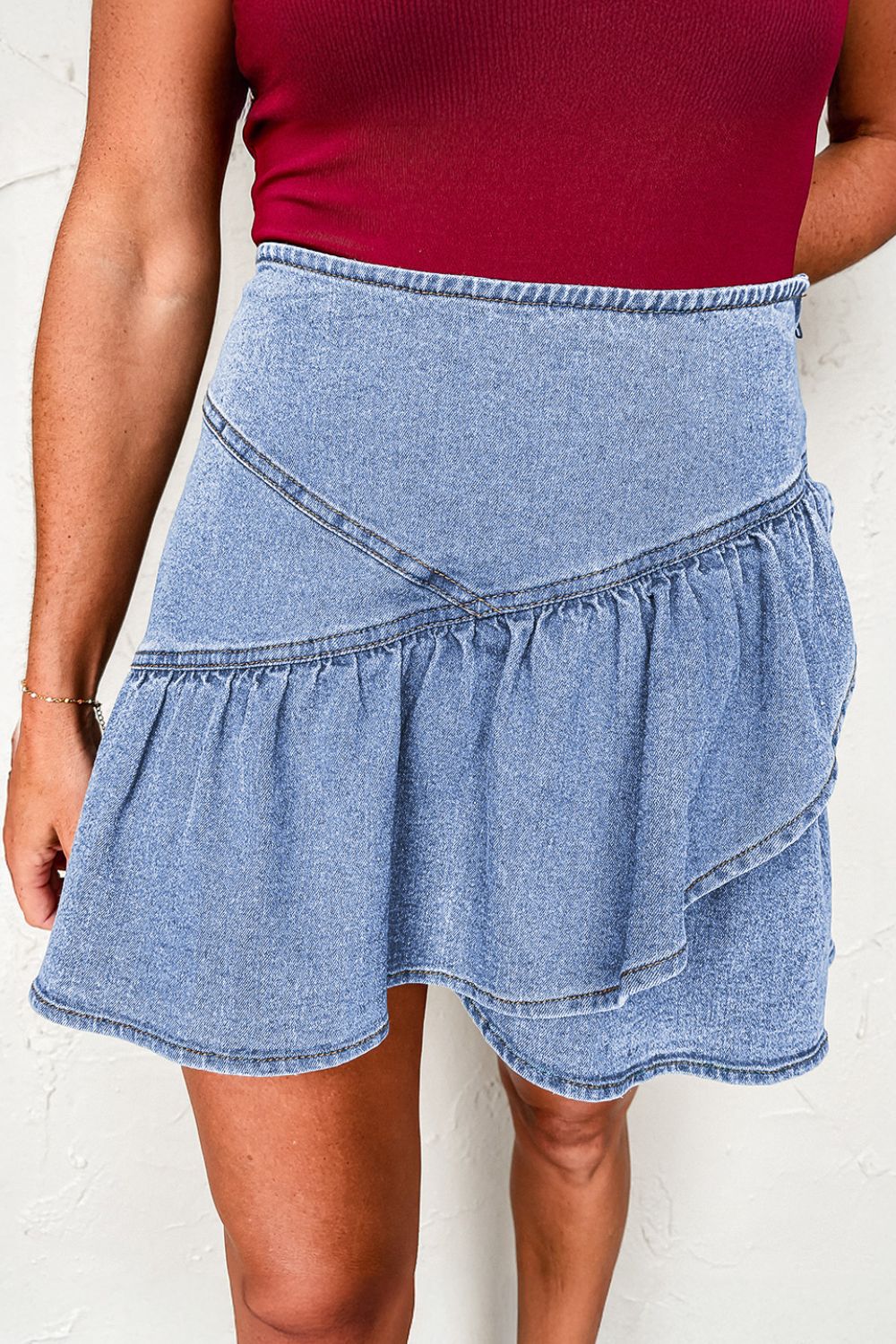 Asymmetric Ruffle Overlay Denim Mini Skirt - felvior