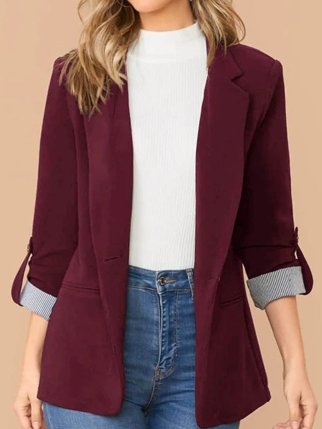 Lapel Collar Roll-Tab Sleeve Blazer - felvior