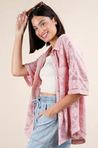 VERY J Plus Size Oversized Crochet Button Down Shirt Top