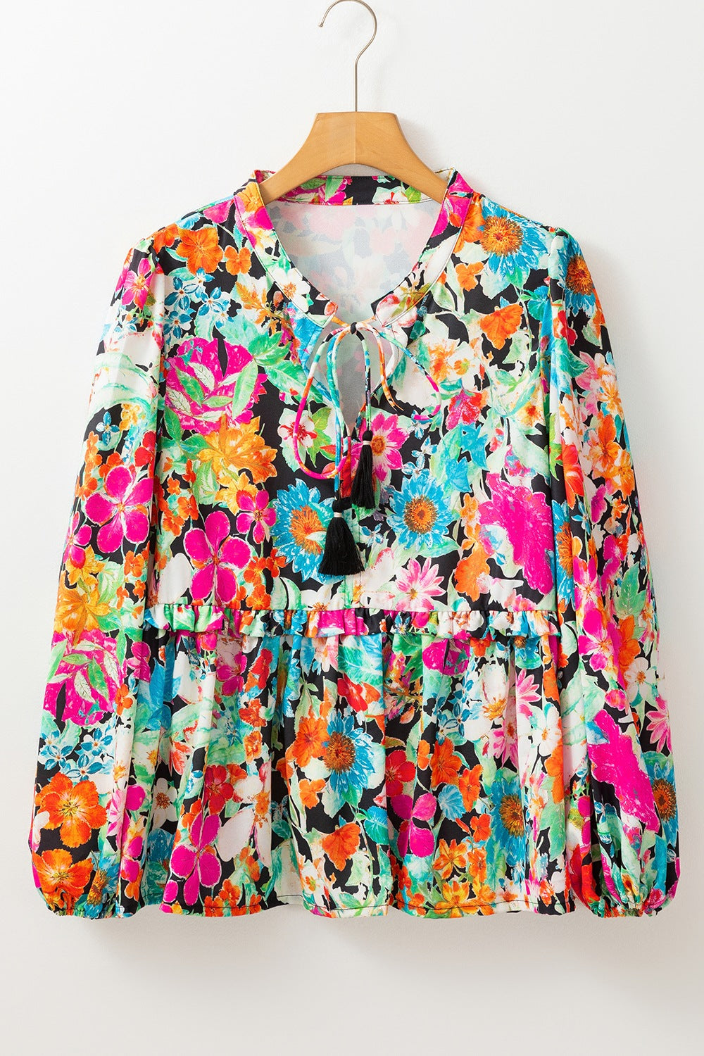 Floral Tie Neck Balloon Sleeve Blouse - felvior