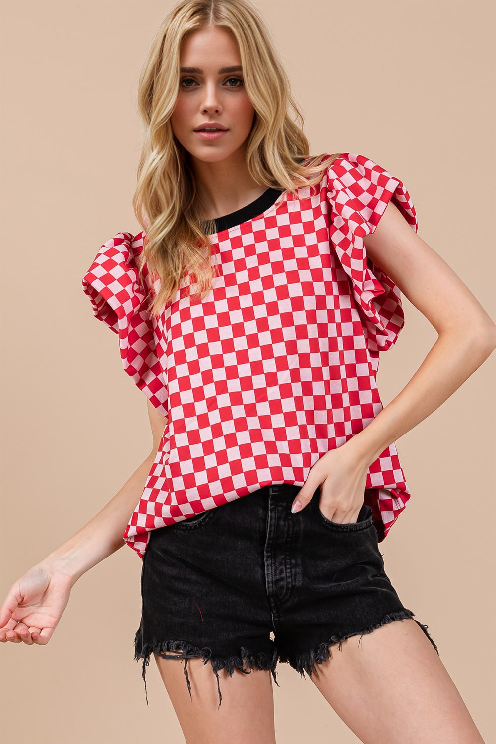 Oh Checkered Round Neck Puff Sleeve Blouse - felvior