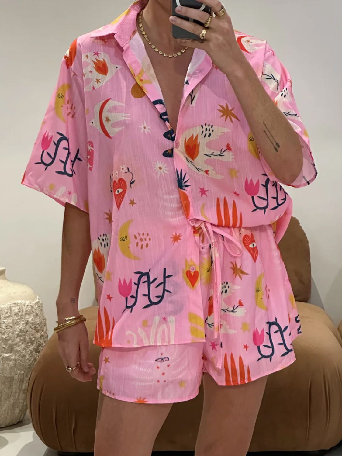 Printed Button Down Shirt and Shorts Set - felvior