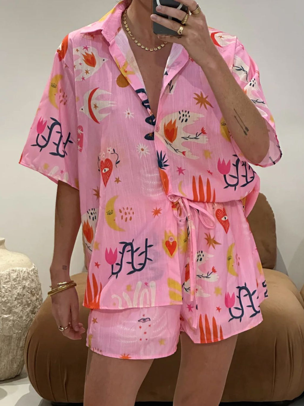 Printed Button Down Shirt and Shorts Set