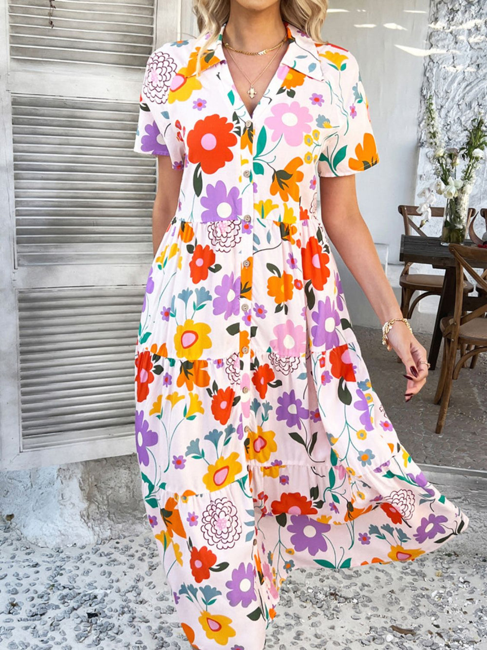 Devine Printed Johnny Collar Button Down Short Sleeve Midi Shirt Dress - felvior
