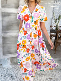Devine Printed Johnny Collar Button Down Short Sleeve Midi Shirt Dress - felvior