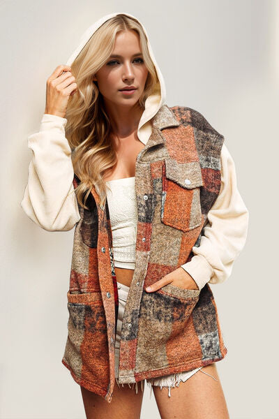 Double Take Contrast Long Sleeve Hooded Plaid Jacket - felvior