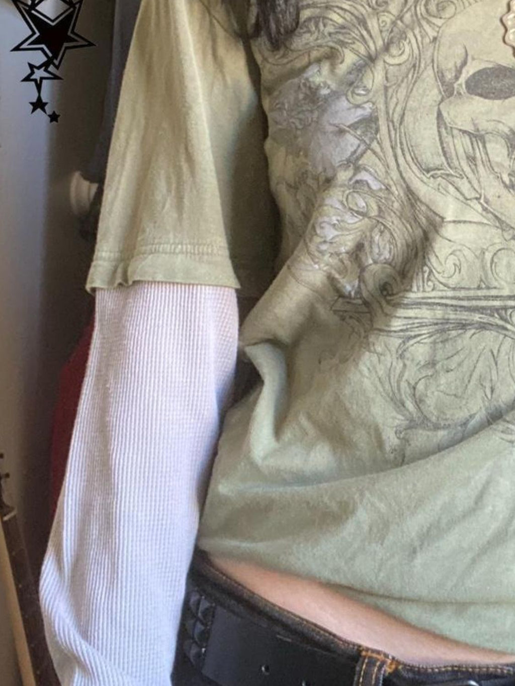 Skull Round Neck Long Sleeve Fake Two Pieces T-Shirt