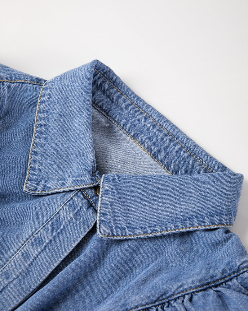 Ruffled Collared Neck Long Sleeve Denim Top - felvior
