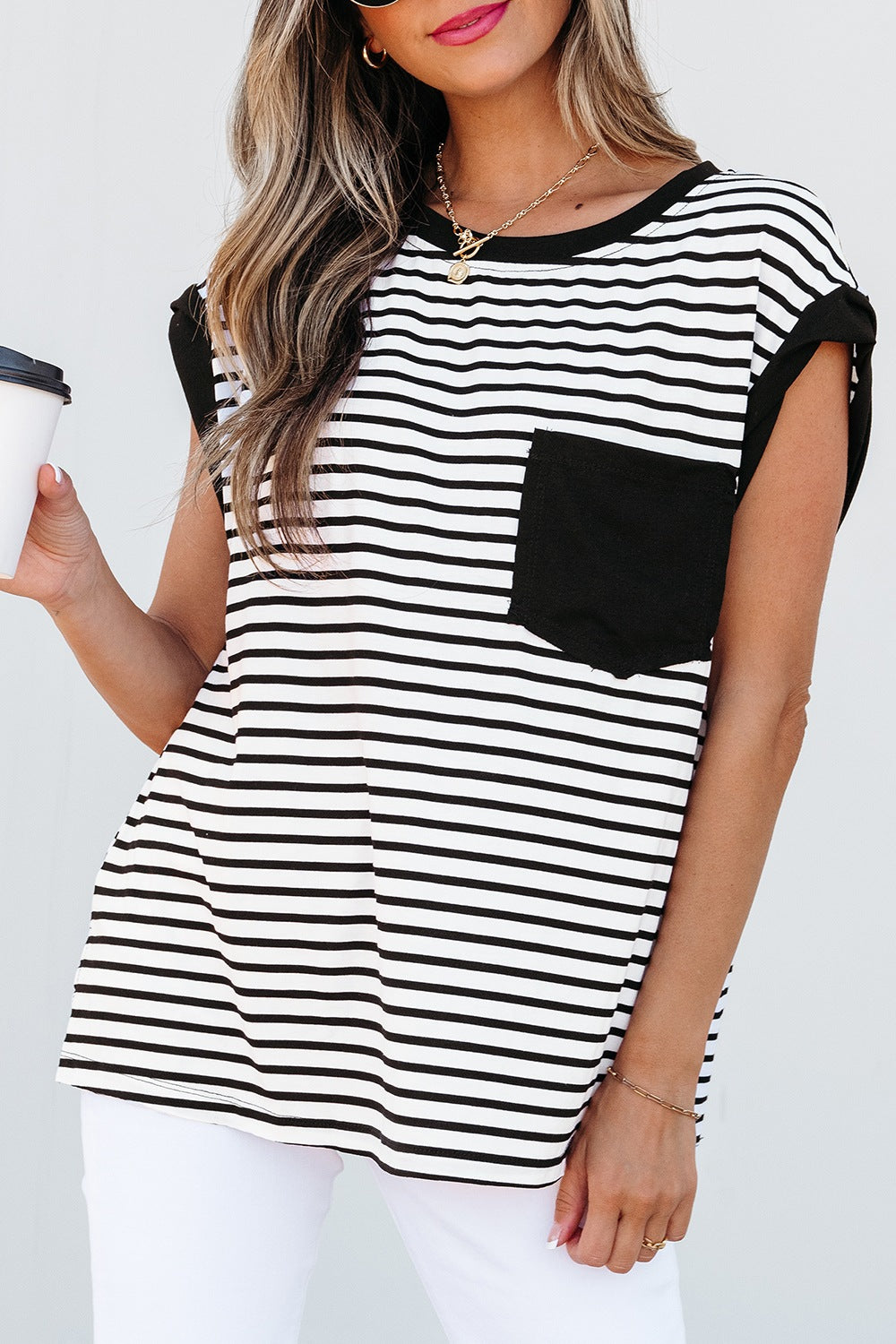 Striped Round Neck Cap Sleeve Top - felvior