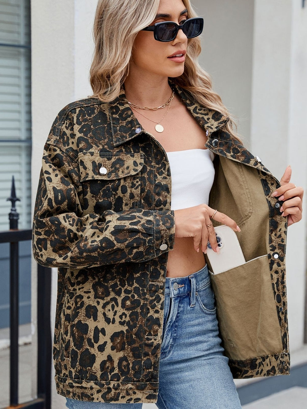 Pocketed Leopard Long Sleeve Denim Jacket - felvior
