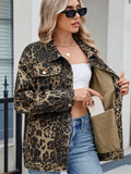 Pocketed Leopard Long Sleeve Denim Jacket - felvior