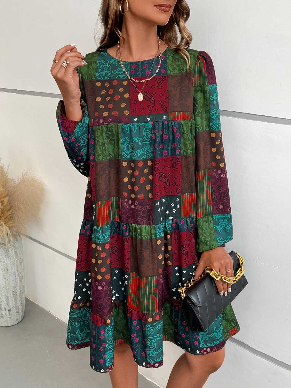 Patchwork Round Neck Long Sleeve Dress - felvior