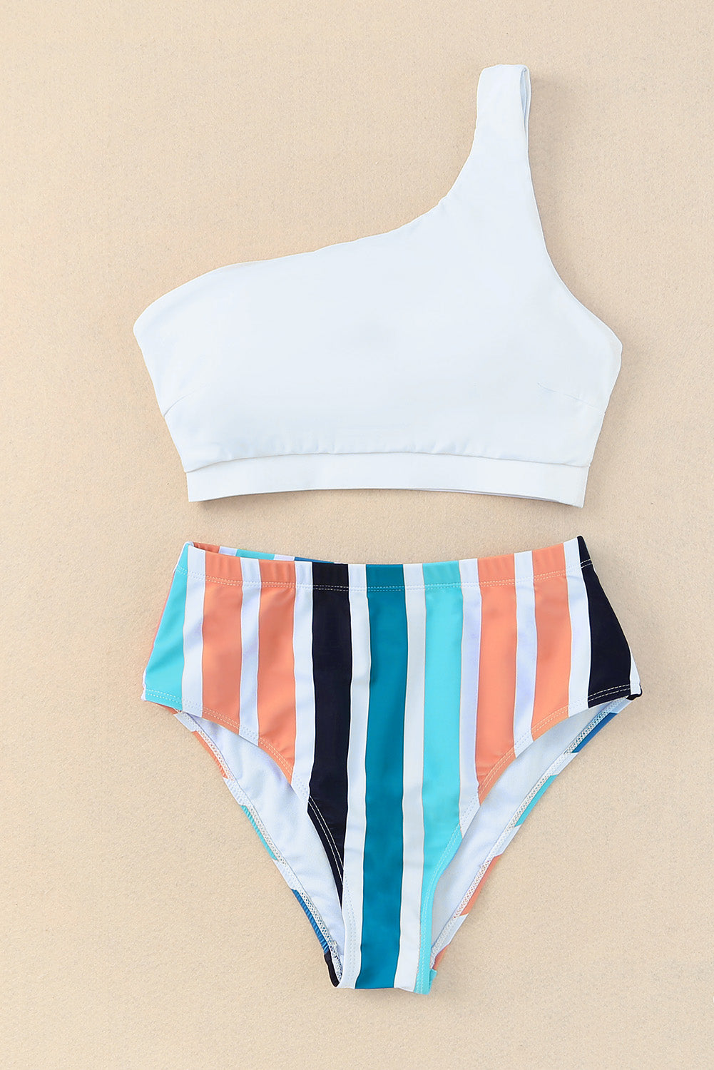 Striped One Shoulder Two-Piece Swim Set - felvior