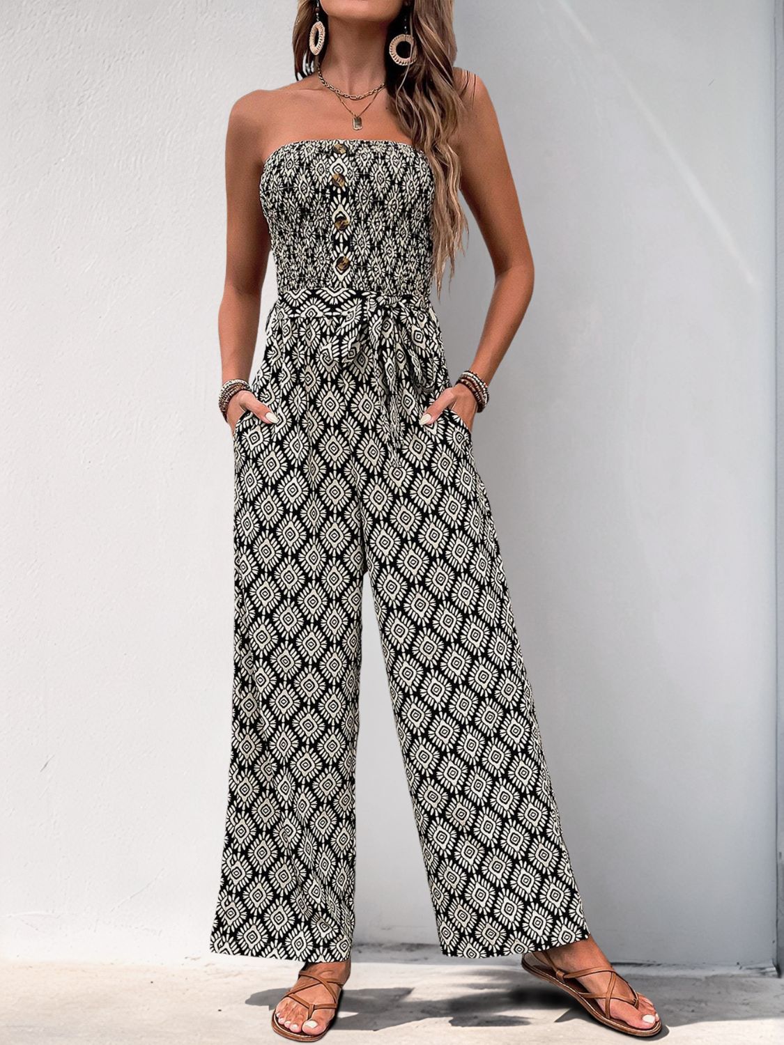 Perfee Printed Smocked Sleeveless Jumpsuit
