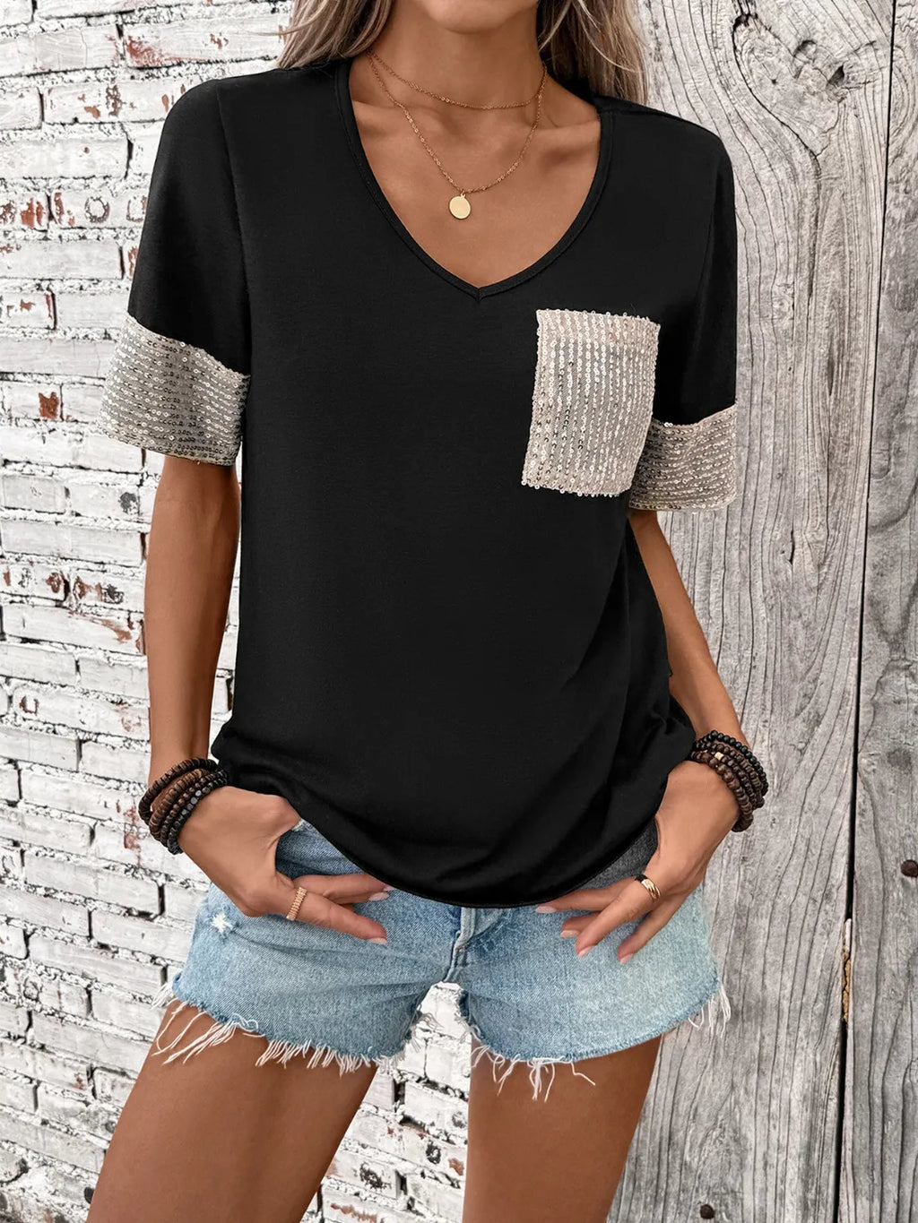 Sequin V-Neck Short Sleeve T-Shirt
