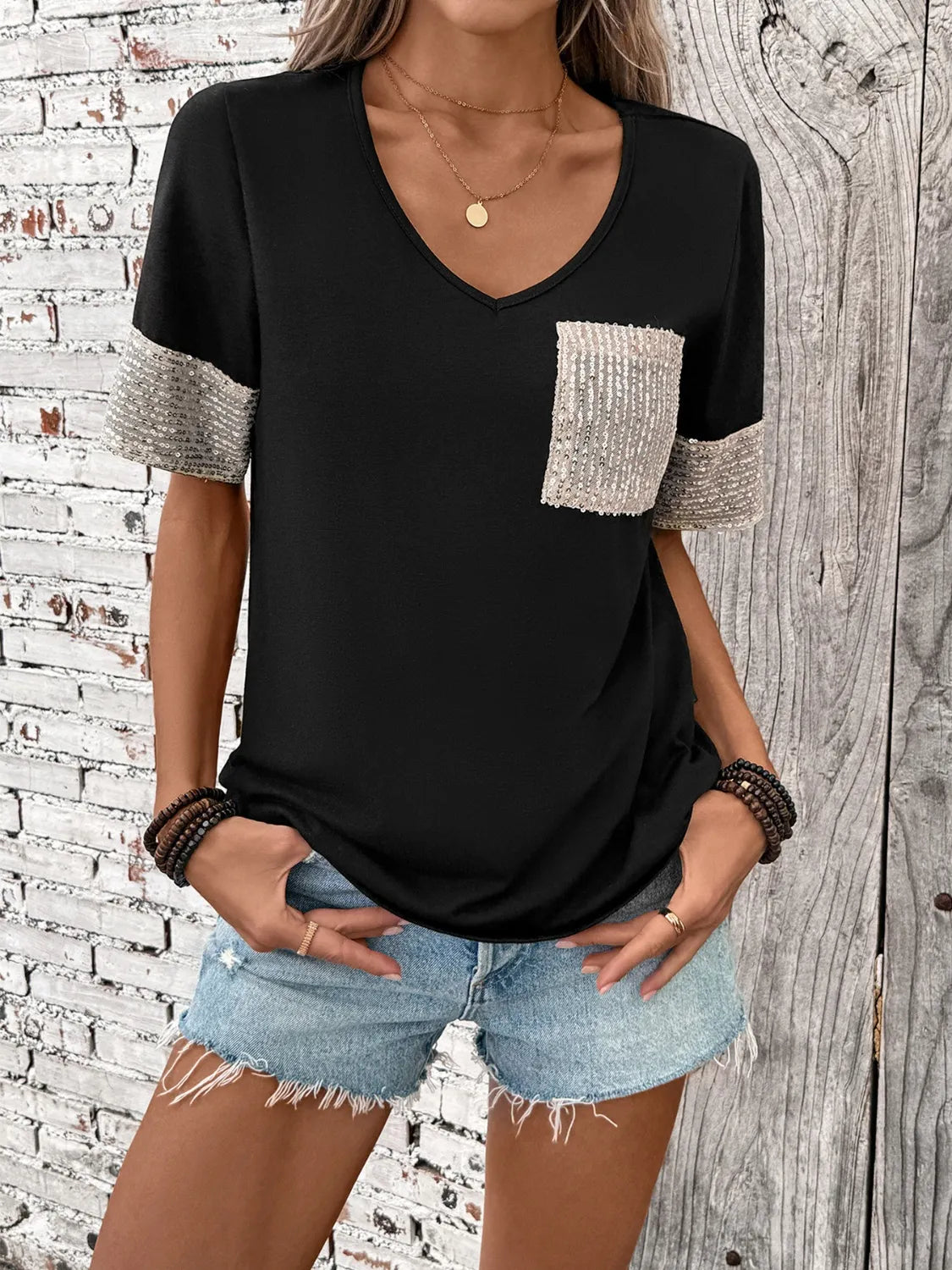 Sequin V-Neck Short Sleeve T-Shirt