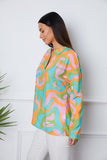 Printed Notched Long Sleeve Blouse - felvior
