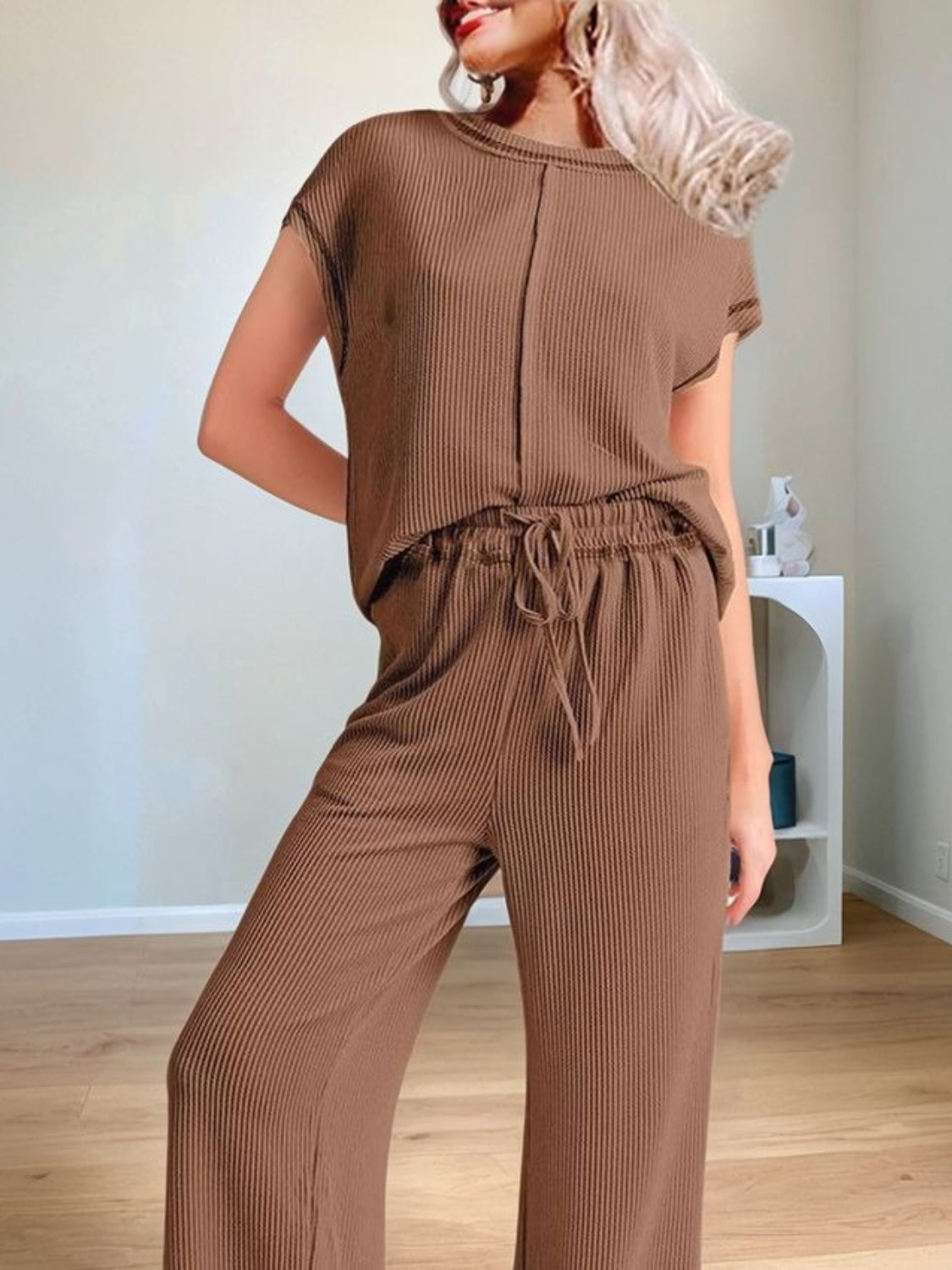 Ribbed Exposed Seam Top and Pants Set - felvior