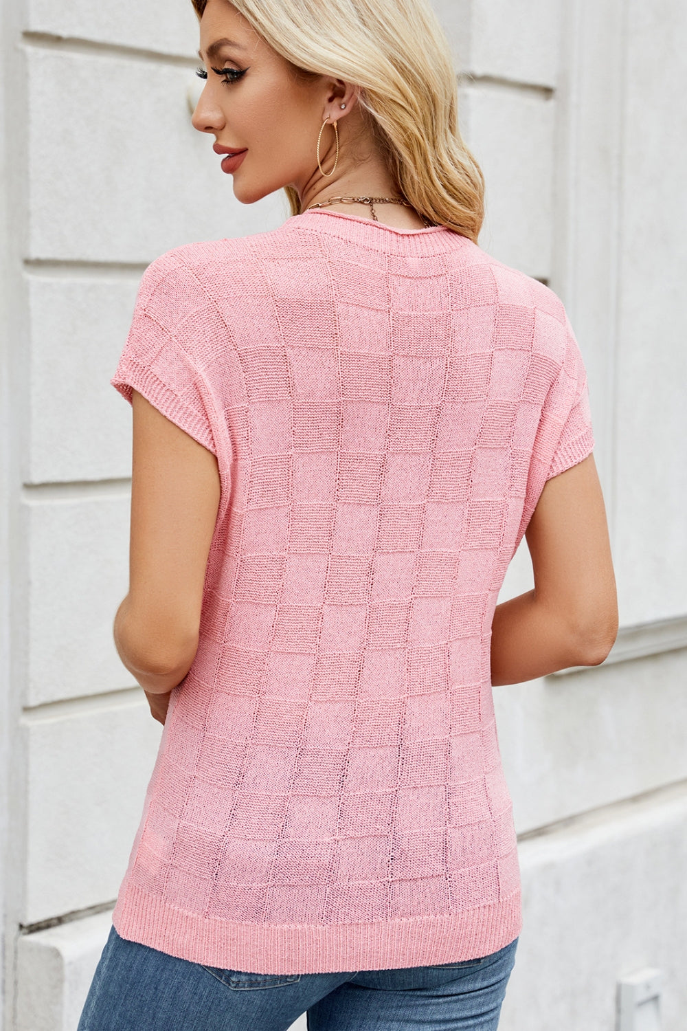 Checkered Round Neck Short Sleeve Knit Top - felvior