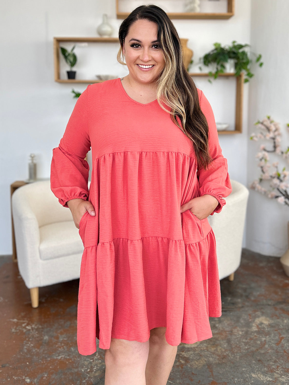 Double Take Full Size V-Neck Balloon Sleeve Tiered Dress with Pockets - felvior
