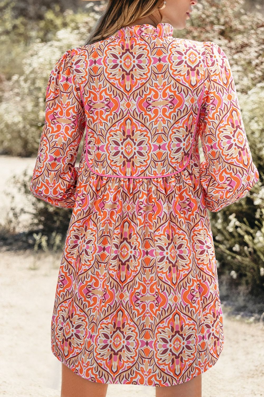 Printed Tie Neck Long Sleeve Mini Dress - felvior