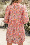 Printed Tie Neck Long Sleeve Mini Dress - felvior