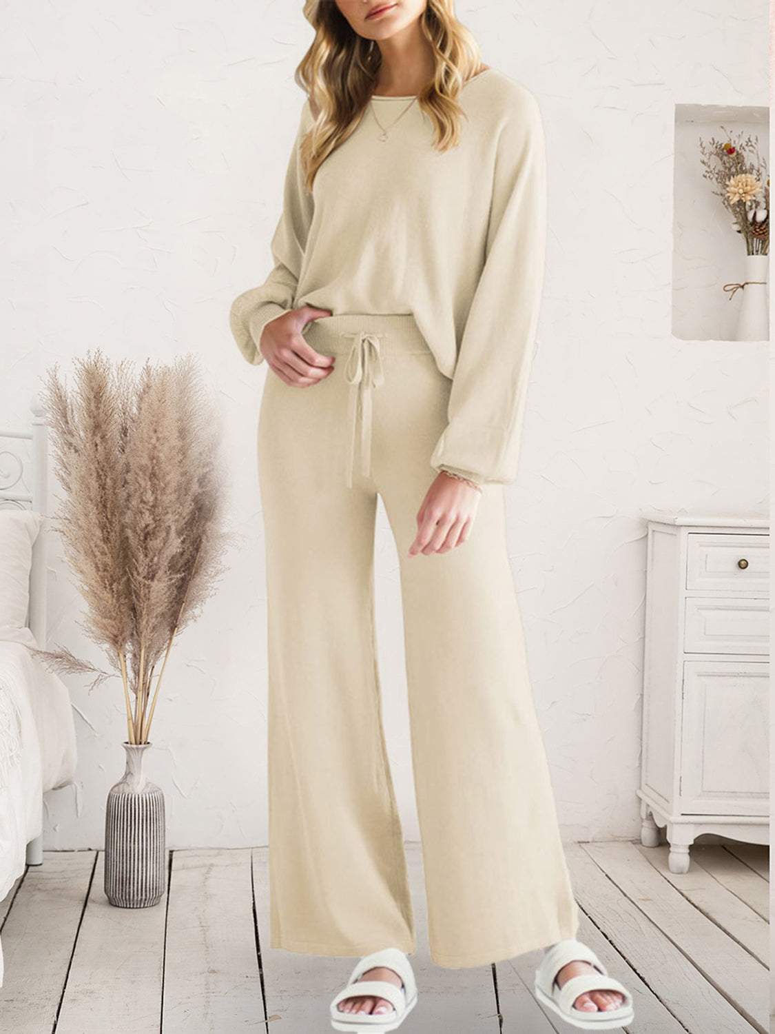 Long Sleeve Lounge Top and Drawstring Pants Set - felvior