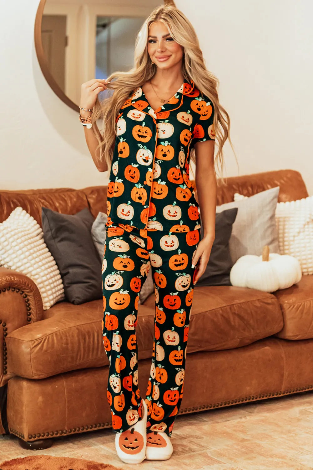 Pumpkin Printed Short Sleeve Top and Pants Lounge Set - felvior