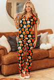 Pumpkin Printed Short Sleeve Top and Pants Lounge Set - felvior