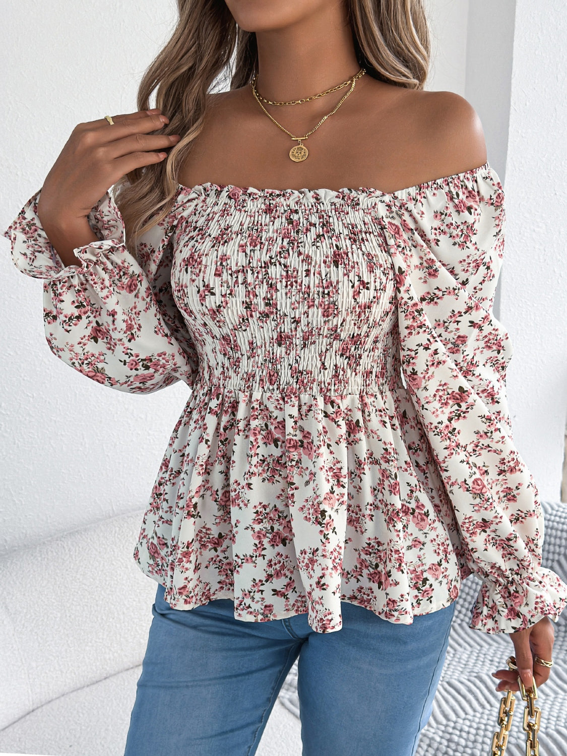 Floral Square Neck Flounce Sleeve Blouse