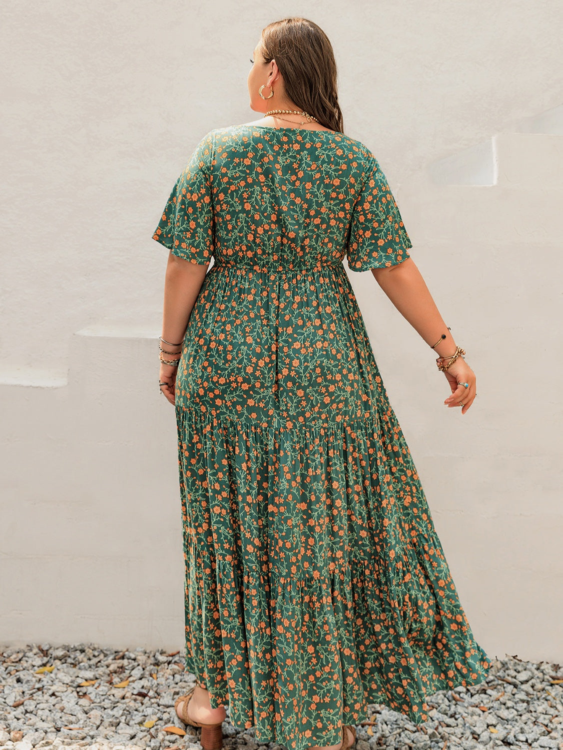 Plus Size Printed Short Sleeve Tiered Maxi Dress - felvior