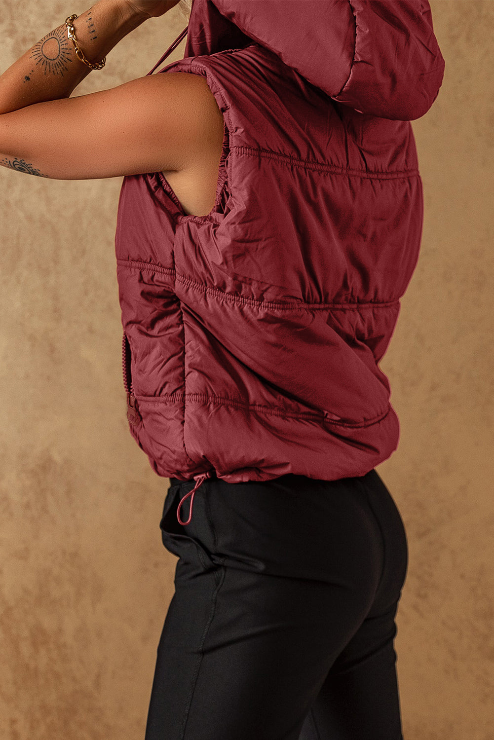 Drawstring Zip Up Hooded Vest Coat - felvior
