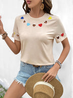 Heart Round Neck Short Sleeve T-Shirt