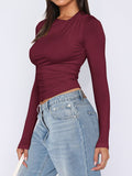 Ruched Asymmetrical Neck Long Sleeve T-Shirt - felvior