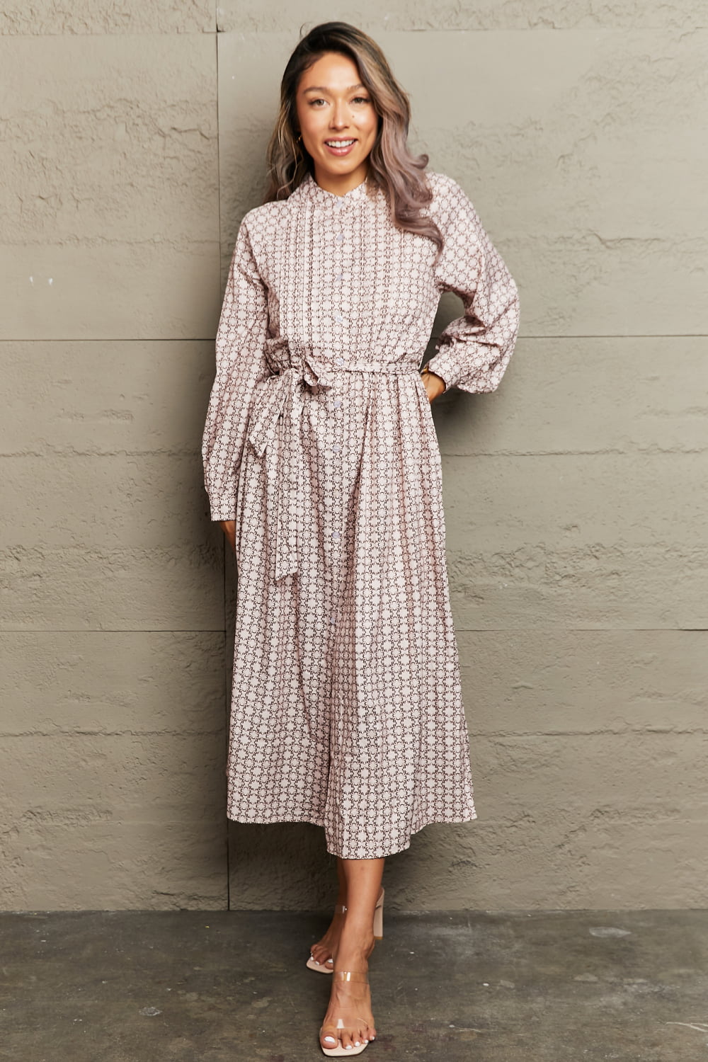 Perfee Printed Tie Waist Long Sleeve Dress - felvior