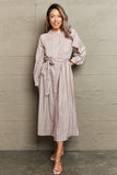 Perfee Printed Tie Waist Long Sleeve Dress - felvior