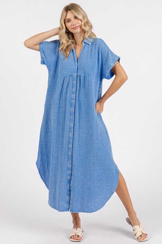 Mittoshop Mineral Wash V Neck Button Up Midi Shirt Dress - felvior