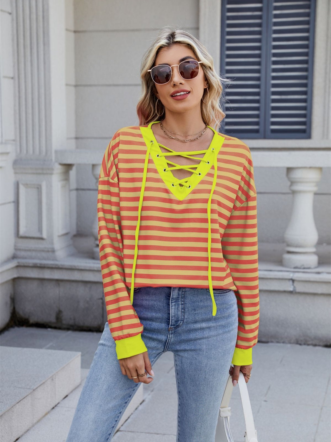 Lace-Up Striped Long Sleeve T-Shirt