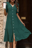 Perfee V-Neck Button Up Balloon Sleeve Midi Dress - felvior