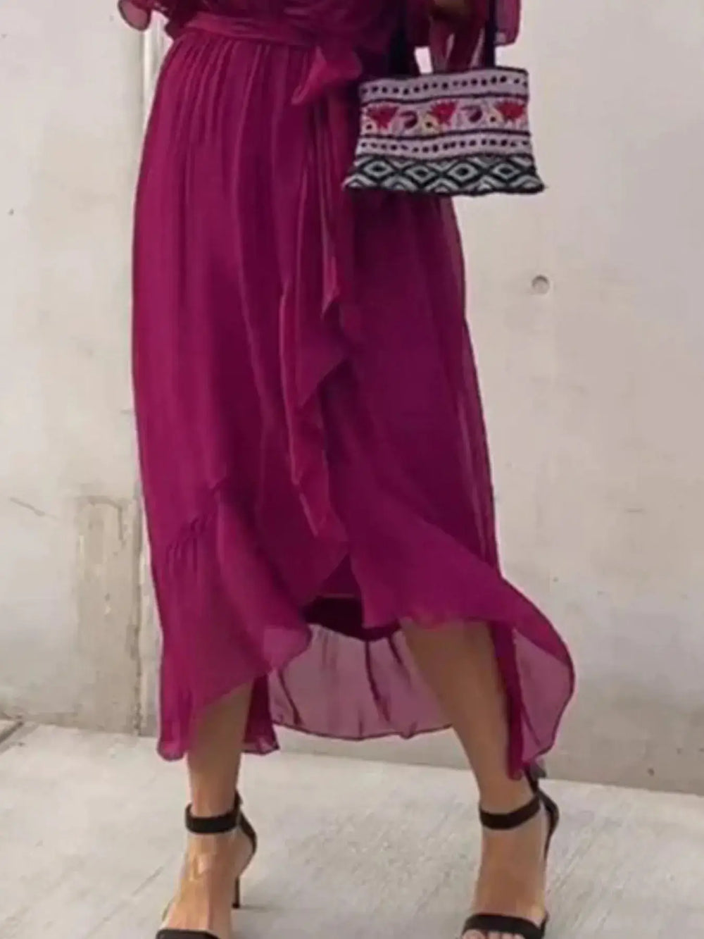 Full Size Flowy Tie Front Midi Dress with Flutter Sleeves Plus Size