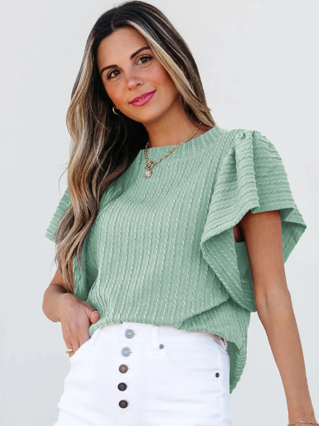 Round Neck Ruffle Sleeve Top